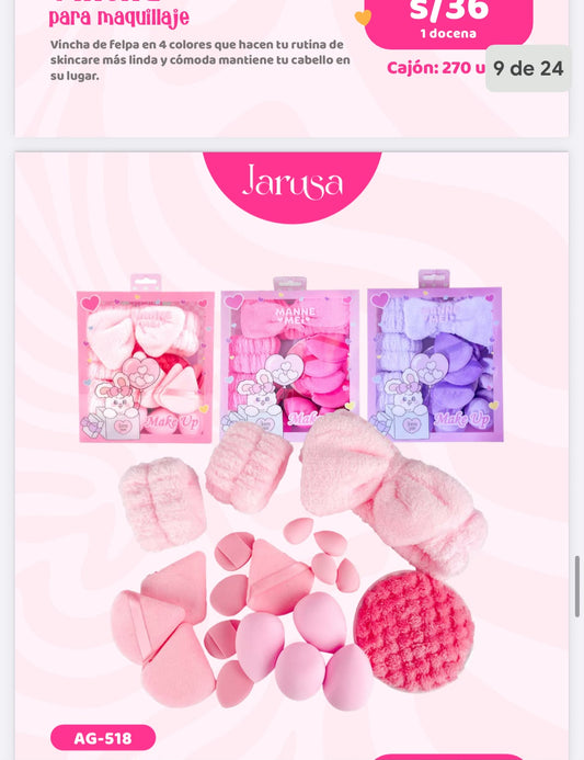 AG518 SET BORLAS, VINCHAS, MUÑEQUERAS Y BEAUTY BLENDERS X 20 PZAS JARUSA