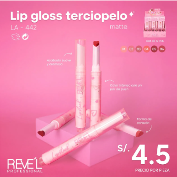 LA442 LIP GLOSS TERCIOPELO MATTE + TESTER REVEL.