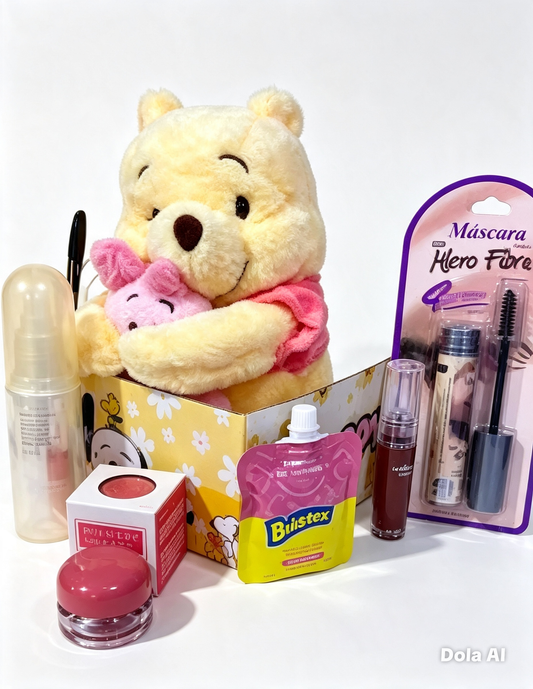 Kit Flores Amarillas con peluche de Winnie Pooh y productos de maquillaje sobre fondo blanco