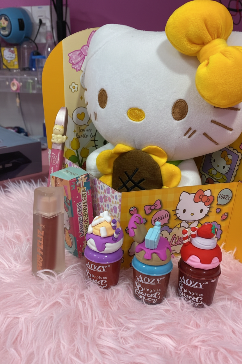 Detalle del Box Hello Kitty de regalo con sus accesorios