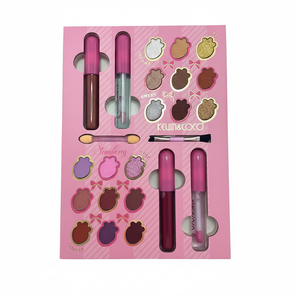 Kit Kevin & Coco 59 Colors - panel central sombras fresa y lip glosses