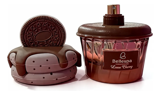 Perfume Bellespa Cookie Crave abierto con galleta oreo