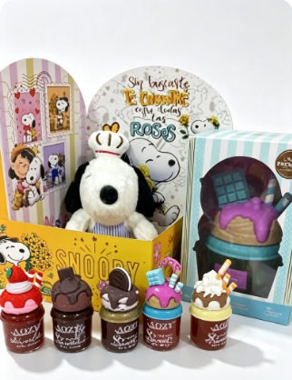 Set Flores Amarillas con peluche de Snoopy Chef, gloss Aozy y perfume Bellespa de vainilla