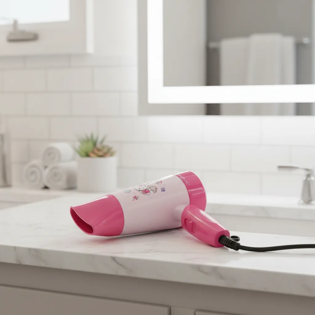 Secadora Hello Kitty Romax sobre lavabo de baño