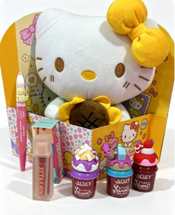 Set Flores Amarillas con peluche de Kitty, gloss Aozy, labial Jarusa y delineador