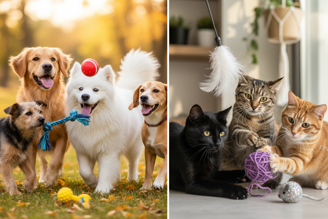 Varios perros y gatos jugando